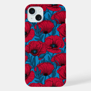 Coque iPhone 15 Plus Jardin de coquelicots rouges sur fond bleu