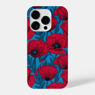 Coque Pour iPhone 14 Plus Jardin de pavot rouge sur bleu