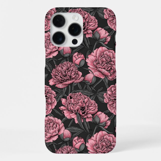 Coque iPhone Jardin de pivoines nocturnes en rose et gris (Verso)