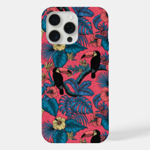 Coque iPhone 15 Pro Max Jardin de toucan en rouge et bleu