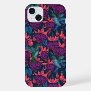 Coque iPhone 15 Plus Jardin des colibris en violet et bleu