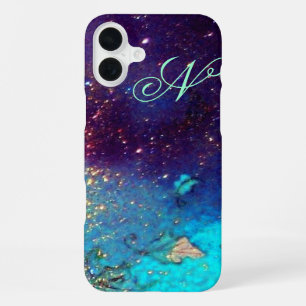 Coque iPhone 16 Plus JARDIN DES OMBRES PERDUES -Monogramme Turquoise Bl