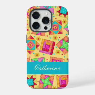 Coque iPhone 15 Pro Jaune Coloré Quilt Bloc Personnalisé
