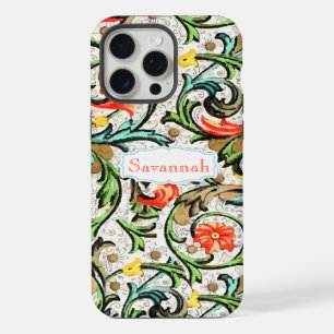 Coque iPhone 15 Pro Max Jaune Corail Vert Or Floral Damassé Vintage
