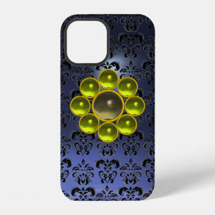 Coque iPhone 12 JAUNE GRISE GEMSTONE MON Bleu noir Damas