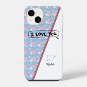 Coque Pour iPhone 14 Je t'aime "nom" motif de cœur bleu et rose