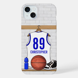 Coque iPhone 15 Plus Jersey de basketball blanc et bleu personnalisé