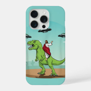 Coque iPhone 15 Pro Jésus chevauchant un dinosaure UFO Alien chrétien