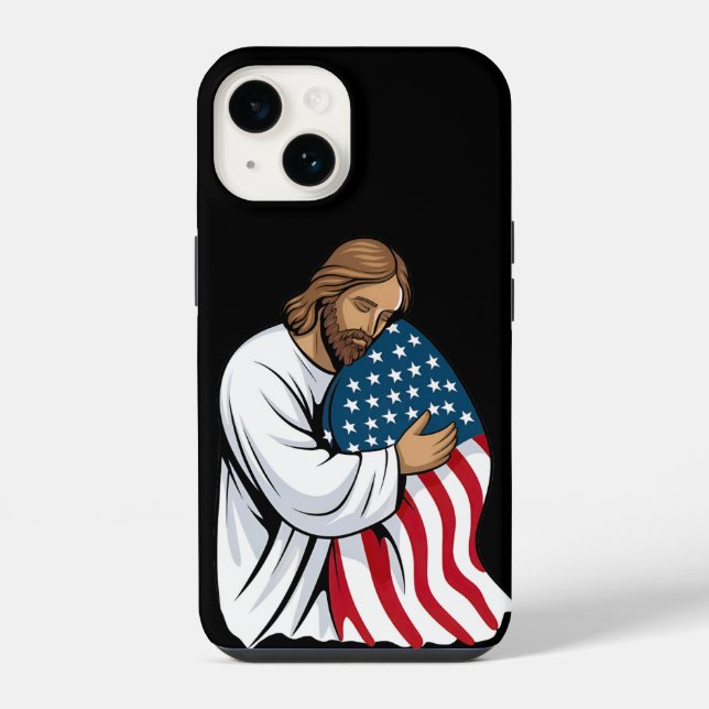 Coque iPhone Jésus serrant le drapeau américain (Verso)