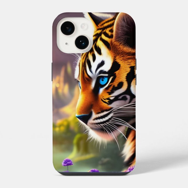 Coque iPhone Jeune tigre, fleurs violettes (Verso)