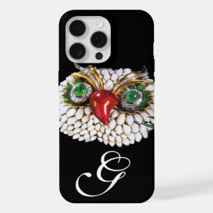Coque iPhone 15 Pro Max JEWEL OWL MONOGRAMME ,Or,Émeraude Verte ,opale