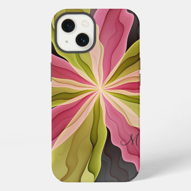Coque iPhone Joie, Monogramme Fractal de Fleur Anthracite Vert  (Verso)