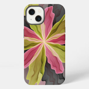 Etui iPhone 13 Joie, Rose Vert Anthracite Fantaisie Fleur Fractal