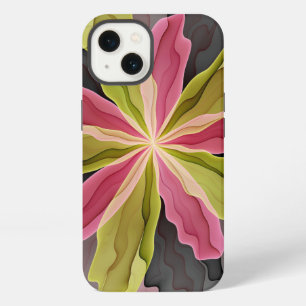 Etui iPhone 13 Joie, Rose Vert Anthracite Fantaisie Fleur Fractal