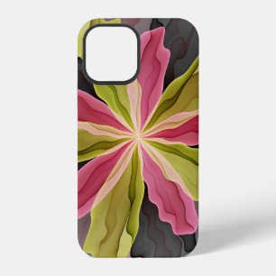 Coque iPhone 12 Joie, Rose Vert Anthracite Fantaisie Fleur Fractal