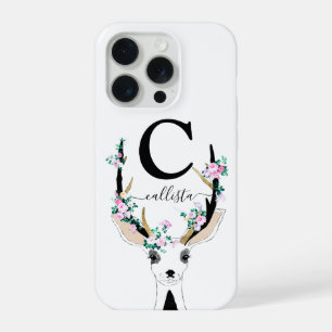 Coque iPhone 15 Pro Joli Artsy rose Floral Cerf Animal Monogramme