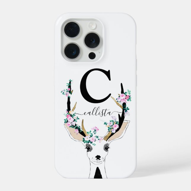 Coque iPhone Joli Artsy rose Floral Cerf Animal Monogramme (Verso)