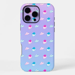 Coque iPhone 16 Pro Max Joli avion en papier bleu et rose, lettre et envel