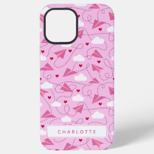 Coque iPhone 12 Pro Max Joli avion volant Saint-Valentin coeurs roses nom