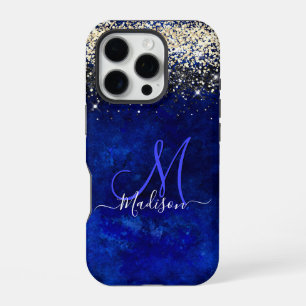 Coque iPhone 16 Pro Joli bleu bleu or faux parties scintillant monogra