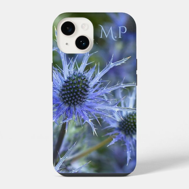 Coque iPhone Joli Chardon de Mer Bleu Monogramme (Verso)