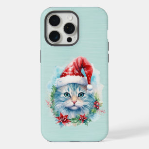 Coque iPhone 15 Pro Max Joli Chat aux Yeux Bleus Portant un Chapeau de Pèr