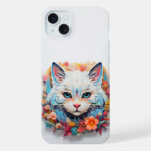 Coque iPhone 15 Plus Joli Chat Blanc Bleu avec fleurs Découpage en Papi