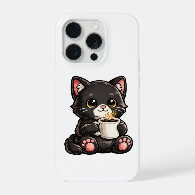 Coque iPhone Joli Chat Noir avec Café (Verso)