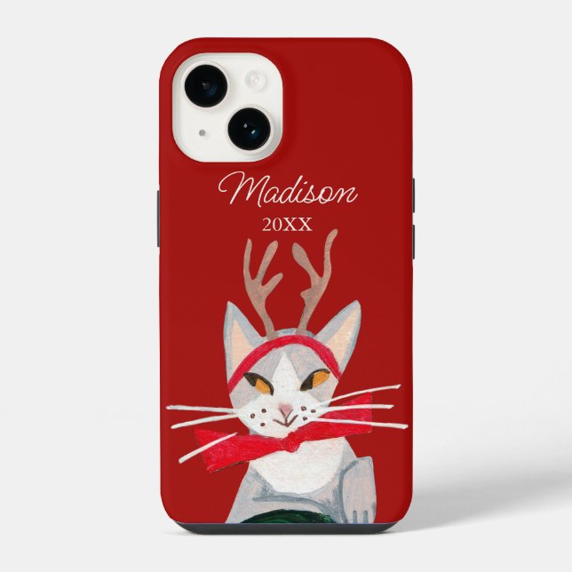 Coque iPhone Joli chat rétro rouge Noël (Verso)