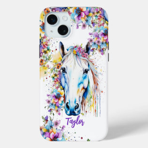 Coque iPhone 15 Plus Joli Cheval Blanc Floral Personnalisé