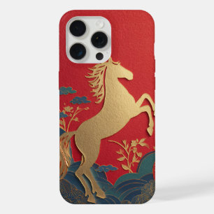 Coque iPhone 15 Pro Max Joli cheval en or éléphant rouge japonais élégant