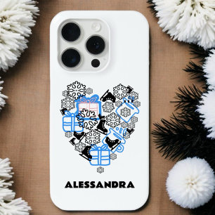 Coque iPhone 15 Pro Joli cœur monogramme doodle hiver Noël neige