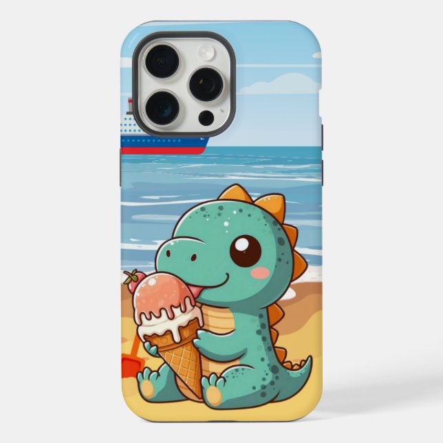 Coque iPhone Joli dinosaure mangeant une glace à la plage (Verso)
