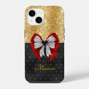 Coque Pour iPhone 14 Joli grand rouge glitterie argent arc cravate mono