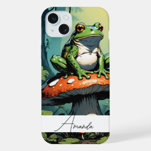 Coque iPhone 15 Plus Joli Grenouille Vert Vintage et Champignon Nom Per