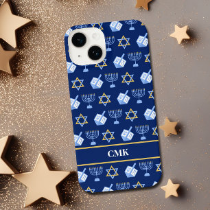 Coque Pour iPhone 14 Joli Hanoukka Dreidel Menorah Monogramme bleu