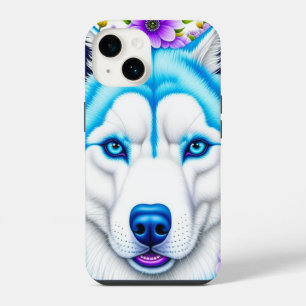 Coque Pour iPhone 14 Joli Husky aux yeux bleus et fleurs fantaisistes