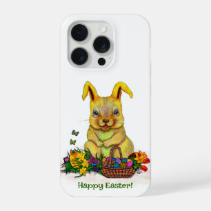 Coque iPhone 15 Pro Joli lapin de Pâques avec oeufs et fleurs