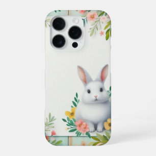 Coque iPhone 16 Pro Joli lapin de Pâques fleuri et joyeux
