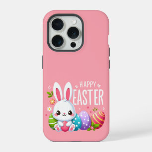 Coque iPhone 15 Pro Joli lapin de Pâques rose heureux