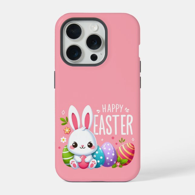 Coque iPhone Joli lapin de Pâques rose heureux  (Verso)
