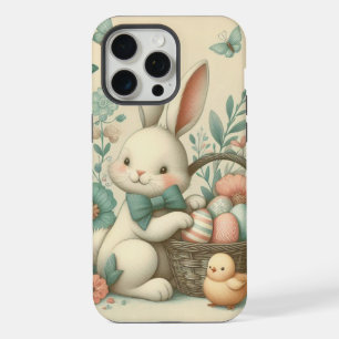 Coque iPhone 15 Pro Max Joli lapin et poussin de Pâques vintage
