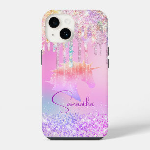 Coque Pour iPhone 14 Joli licorne arc-en-ciel rose monogramme gouttes d