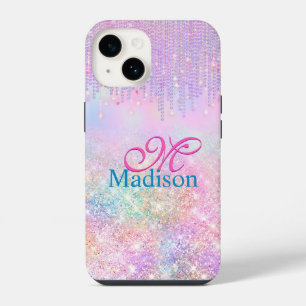 Coque Pour iPhone 14 Joli licorne rose pailleté strass monogramme goutt
