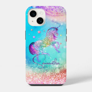Coque Pour iPhone 14 Joli licorne rose paillettes arc-en-ciel aqua mono