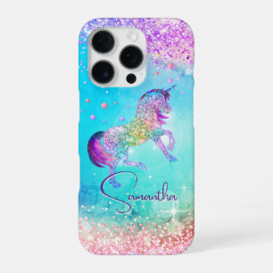 Coque iPhone 16 Pro Joli licorne rose paillettes arc-en-ciel aqua mono