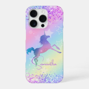 Coque iPhone 16 Pro Joli licorne rose strass arc-en-ciel monogramme