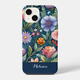 Coque Pour iPhone 14 Joli monogramme de fleur sauvage bleue