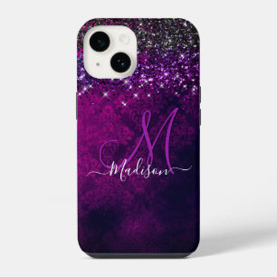 Coque Pour iPhone 14 Joli monogramme fausse brillant magenta noir