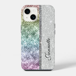 Coque Pour iPhone 14 Joli Monogramme Faux Paillettes Argent Iridescent
